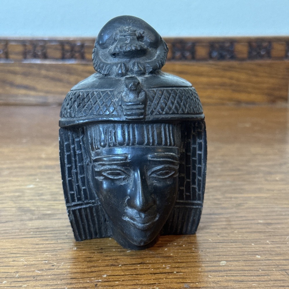 Egyptian Carved Stone Bust Scarab Top Pharaoh Head Statue Figurine